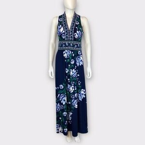 Maggy London Navy & White Floral Maxi Dress Green Sleeveless Flowy & Breezy